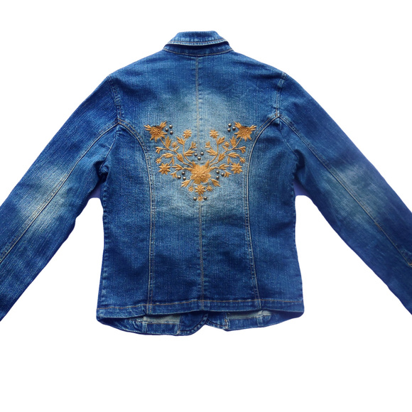 Blue Denim Jacket Embroidered Floral Jean Jacket Coat Blazer - Picture 6 of 7